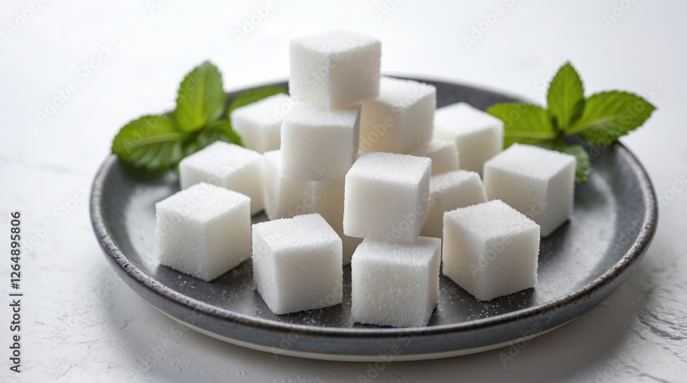 Poster white sugar cubes arranged on a gray plate with fresh mint leaves on a light textured surface copy s