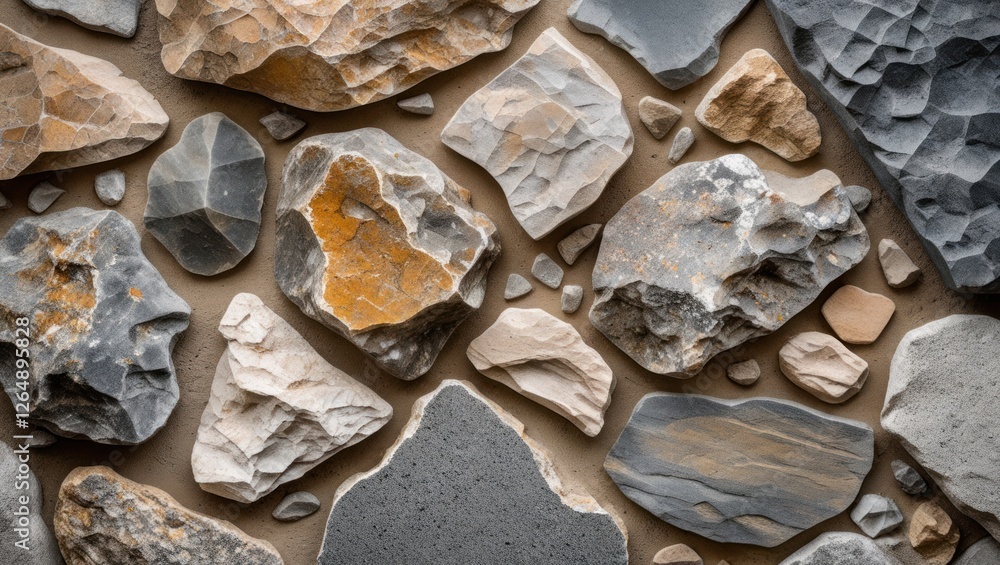 Poster Texture of assorted natural stones and pebbles in various shapes and colors on a flat surface with Copy Space for text placement