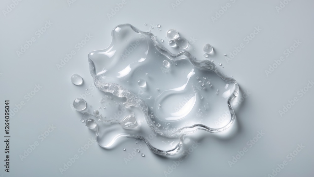 Poster clear water droplets on a smooth surface with a liquid shape and distinct reflections and refraction