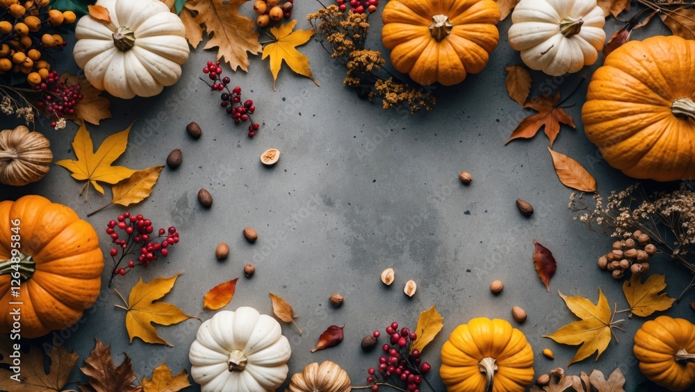 Poster autumn flat lay composition with pumpkins, colorful leaves, berries and nuts on gray background with