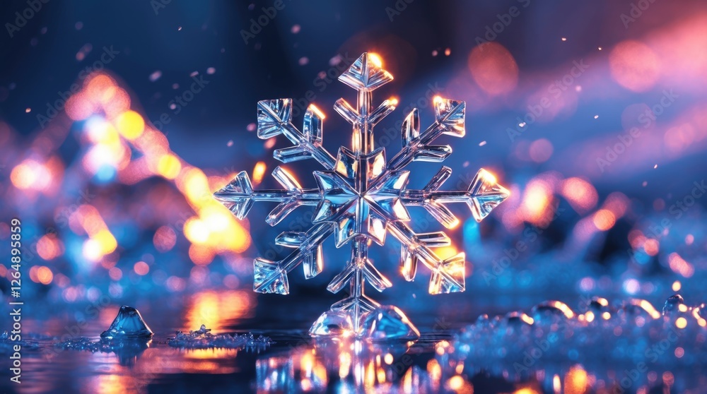 Aufkleber Close-up of a snowflake with intricate details on a reflective surface illuminated by colorful bokeh lights Copy Space