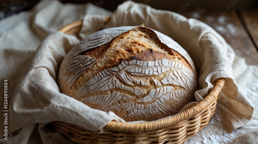 Poster Artisan sourdough bread in a woven basket with a linen cloth, featuring intricate scoring patterns on the crust, rustic kitchen setting, Copy Space