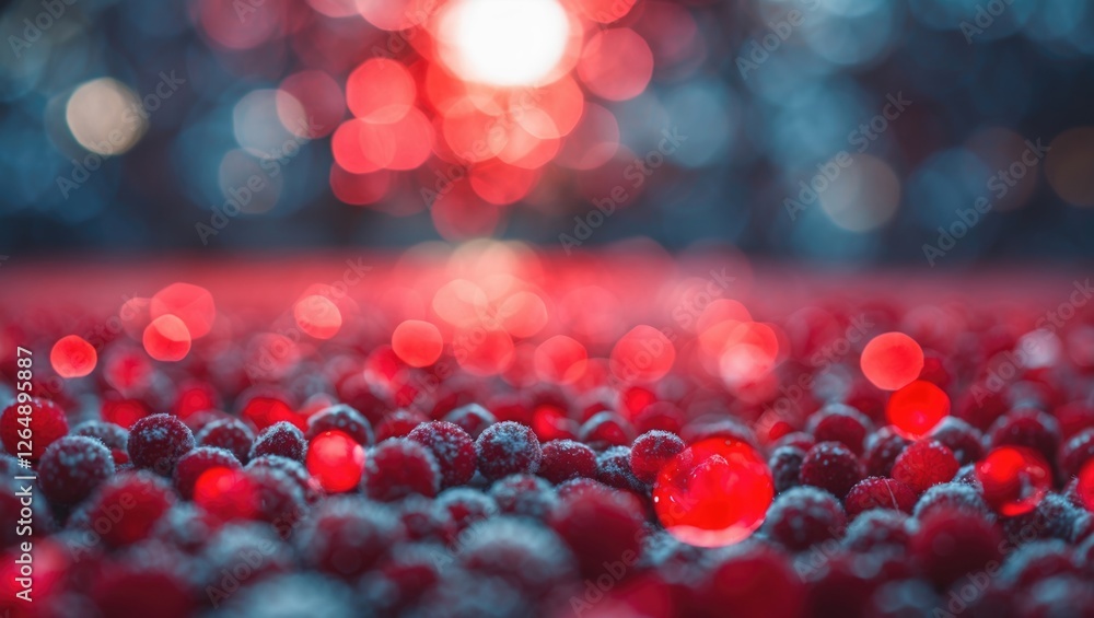 Aufkleber Close-up of red and blue bokeh lights with scattered red berries in the foreground, shallow depth of field and vibrant colors, Copy Space