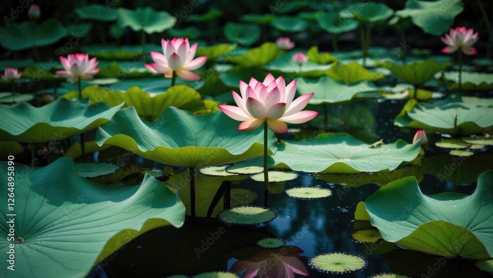 Aufkleber lotus flowers blooming on a serene pond surrounded by large green lily pads with reflected light and