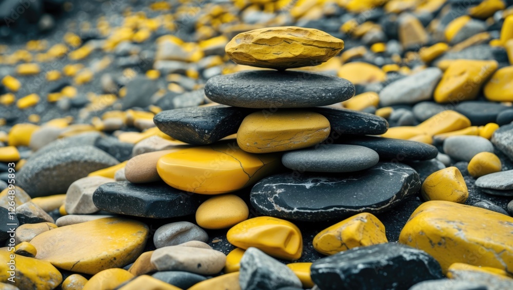 Poster Stacked stones in a variety of colors on a pebbled beach creating a balanced arrangement with yellow and black pebbles providing visual contrast Copy Space
