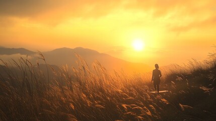 Fototapeta premium Mountain meditation vista, yoga practitioner silhouette, glowing sunrise atmosphere, gentle grass movement, peaceful nature setting, spiritual practice scene, golden morning light, wellness lifestyle