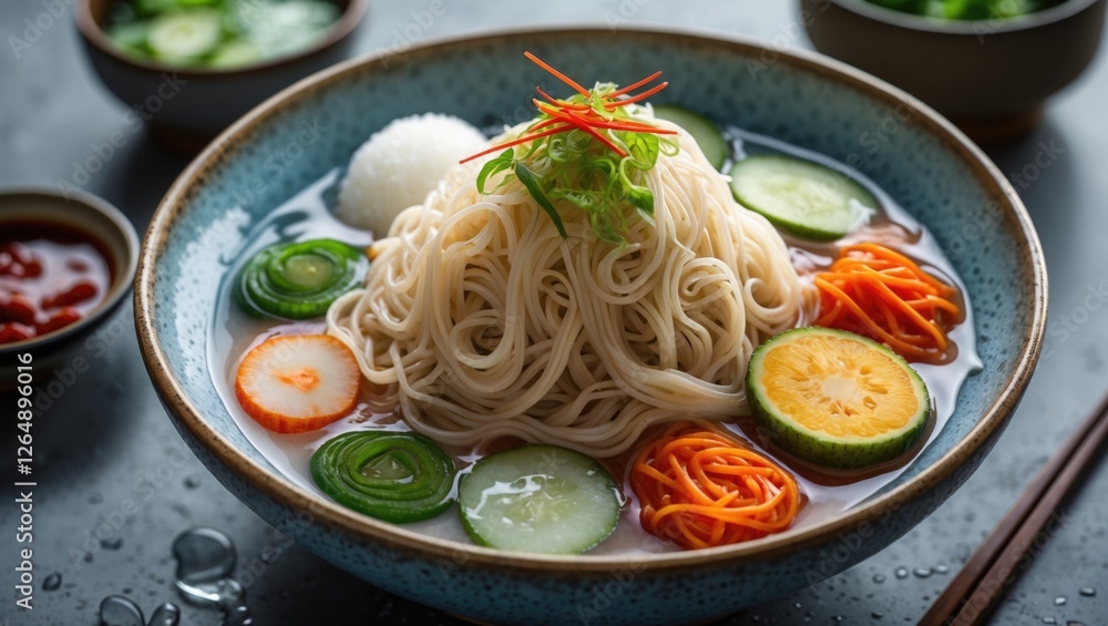 Poster freshly prepared bowl of asian noodle soup topped with colorful vegetables and herbs on a textured s