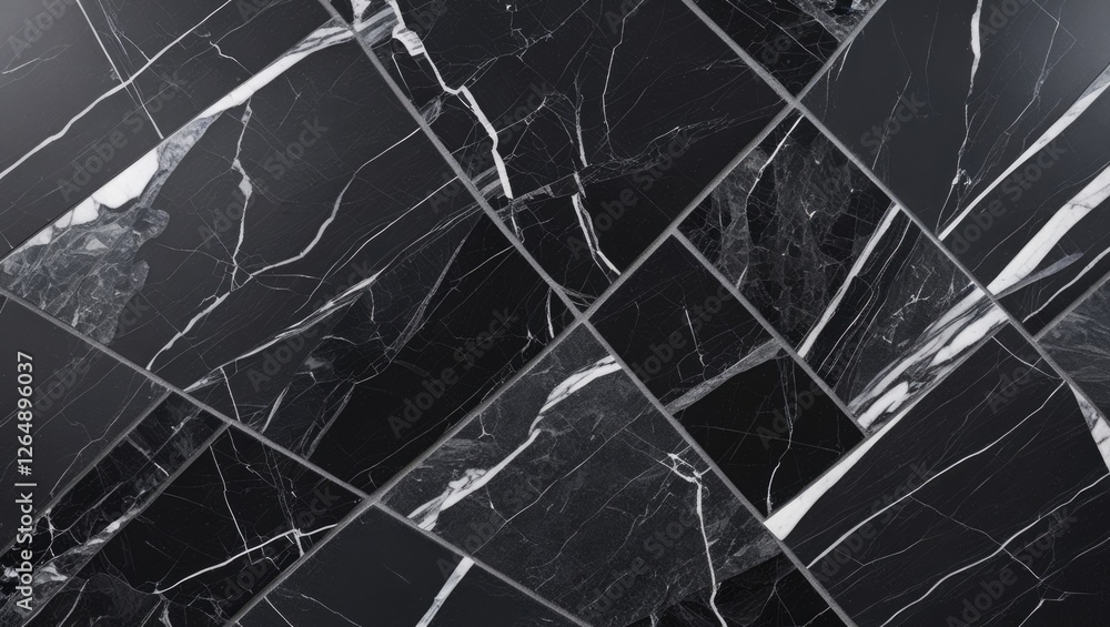 Poster Black marble tile surface with white veins arranged in a diagonal pattern suitable for interior design applications Copy Space