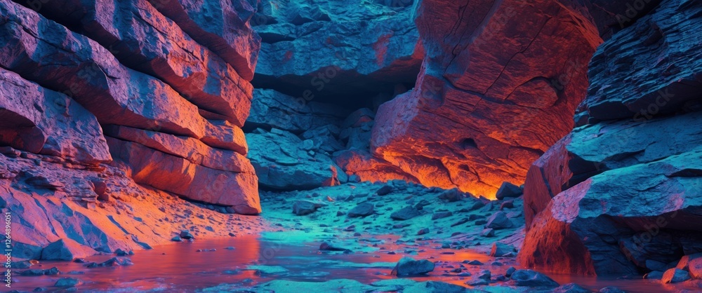 Poster vibrant illuminated canyon with multicolored rock formations and reflections in a tranquil riverbed 