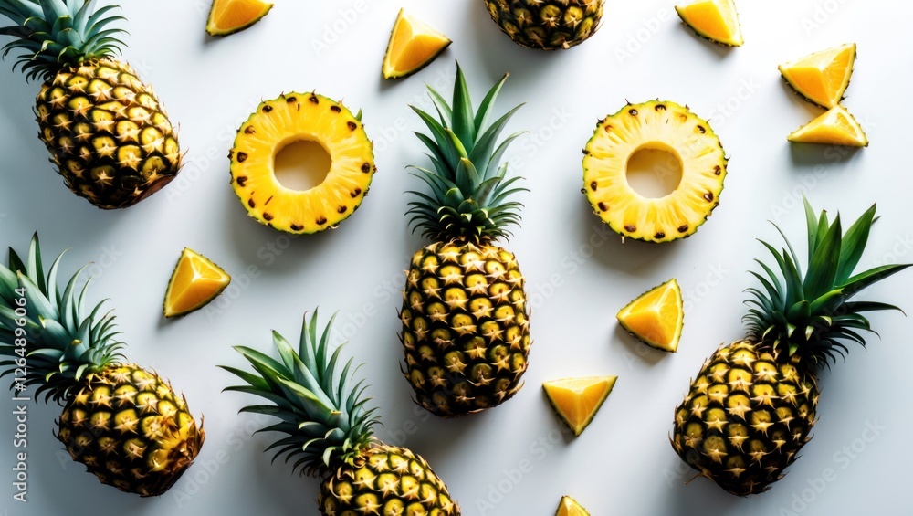 Poster Fresh pineapples with cut slices and pieces arranged on a white background with Copy Space.