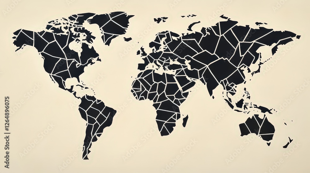 Poster a minimalist world map with each country depicted as a simple geometric shape