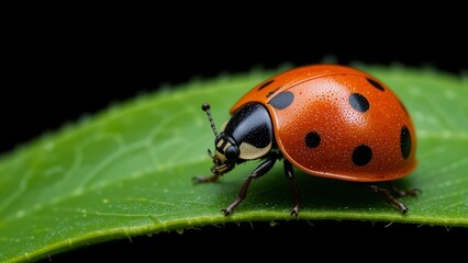 Fototapeta premium Close up of ladybug on green leaf, isolated black background