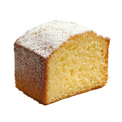 Slice of golden pound cake with a light dusting of powdered sugar, isolated on a transparent background.