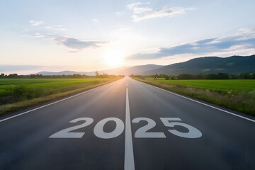 Asphalt Road to 2025 New Year Journey Success Future Travel Destination Hopeful Optimistic Scenic Sunrise Landscape Open Road Trip Adventure Forward Progress Destination Goals Dreams Vision Planning  