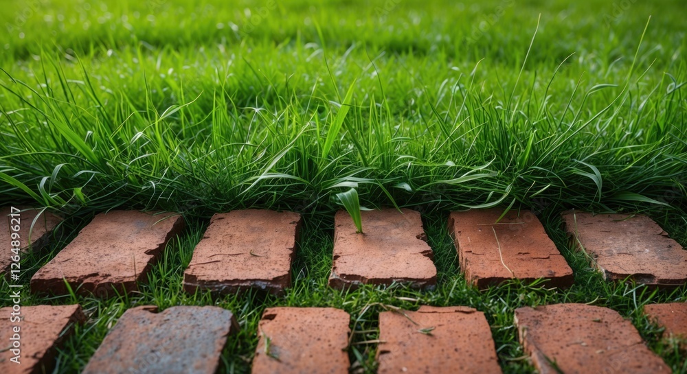 Poster brick pathway bordered by lush green grass showcasing natural landscaping elements with copy space f