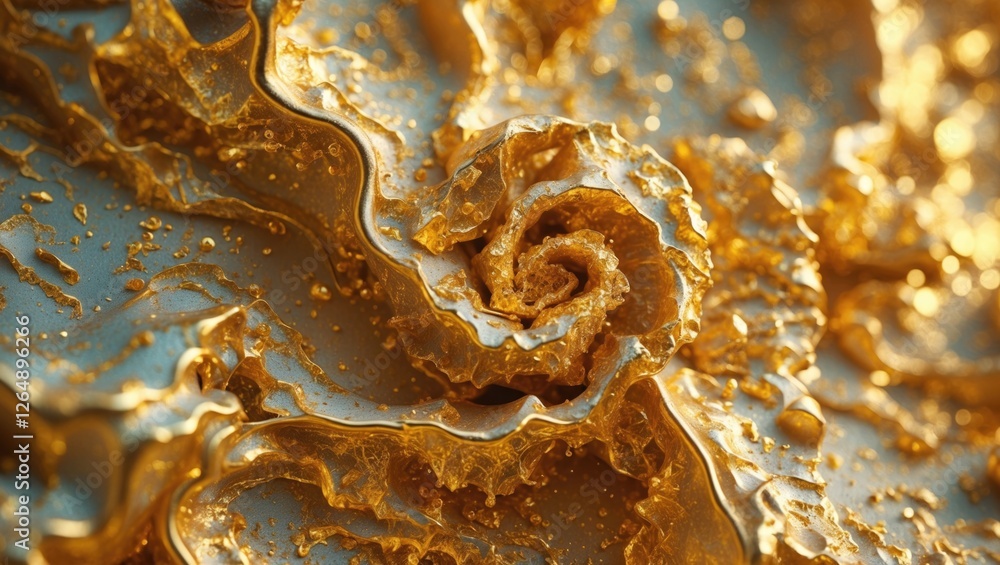 Aufkleber Close-up of swirling golden liquid with textured patterns and shimmering highlights against a soft blue background with Copy Space