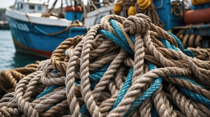 Fototapeta premium Close-up of tangled ropes with blue accents on a fishing boat in the background at a harbor Copy Space