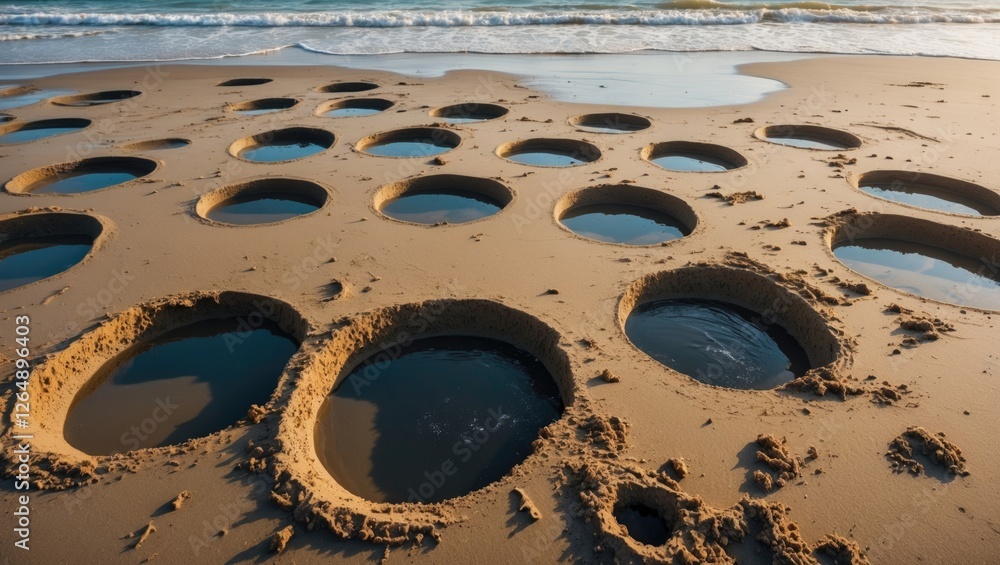 Poster patterns of circular holes filled with water on a sandy beach shoreline with gentle waves in the bac