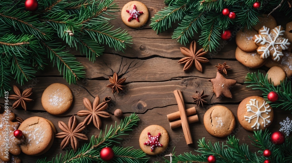 Poster Festive Christmas cookies with pine branches and decorative elements on a wooden table with copy space for text