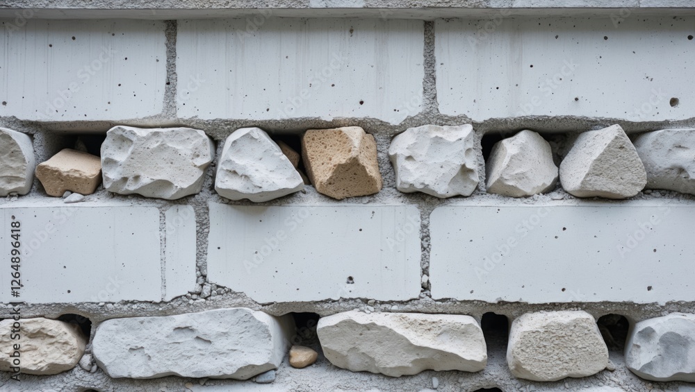 Aufkleber Detailed texture of a stone wall with white bricks and various natural stones embedded in between bricks Copy Space