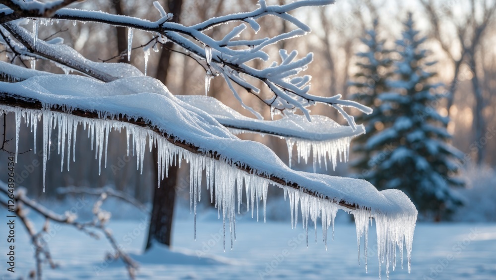 Poster snow-covered tree branches with icicles during winter season in a serene landscape with blurred ever