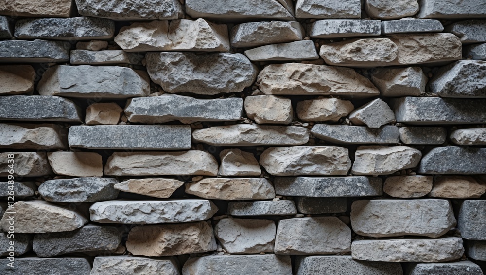 Poster Textured stone wall with various sizes of gray and beige stones arranged in a rustic pattern suitable for background use Copy Space