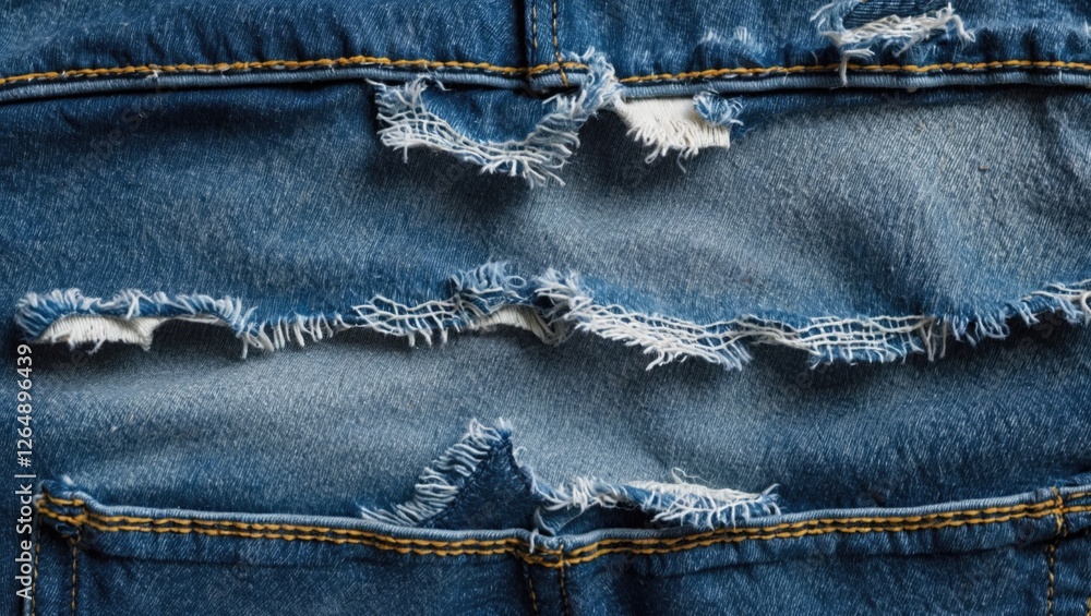 Poster Close-up view of ripped distressed denim fabric showing frayed edges and seams with blue color tones and texture detail Copy Space