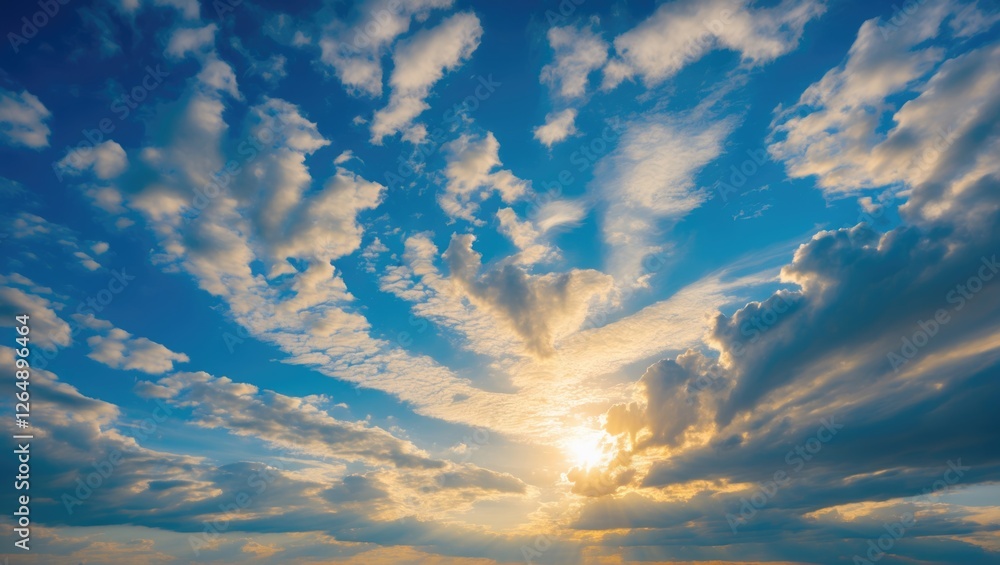Poster cloudy sky with rays of sunlight breaking through the clouds at sunset during a scenic landscape cop