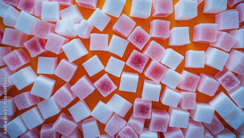Poster Colorful candy cube assortment on orange background with varied shapes and sizes scattered evenly
