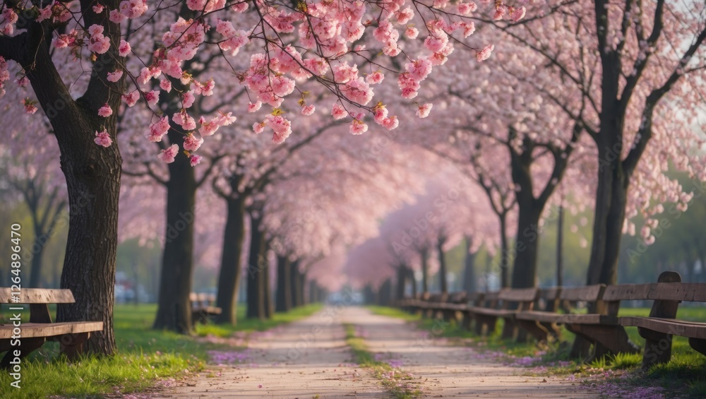 Poster blossoming cherry trees lining a pathway in a park with benches on either side during spring season 