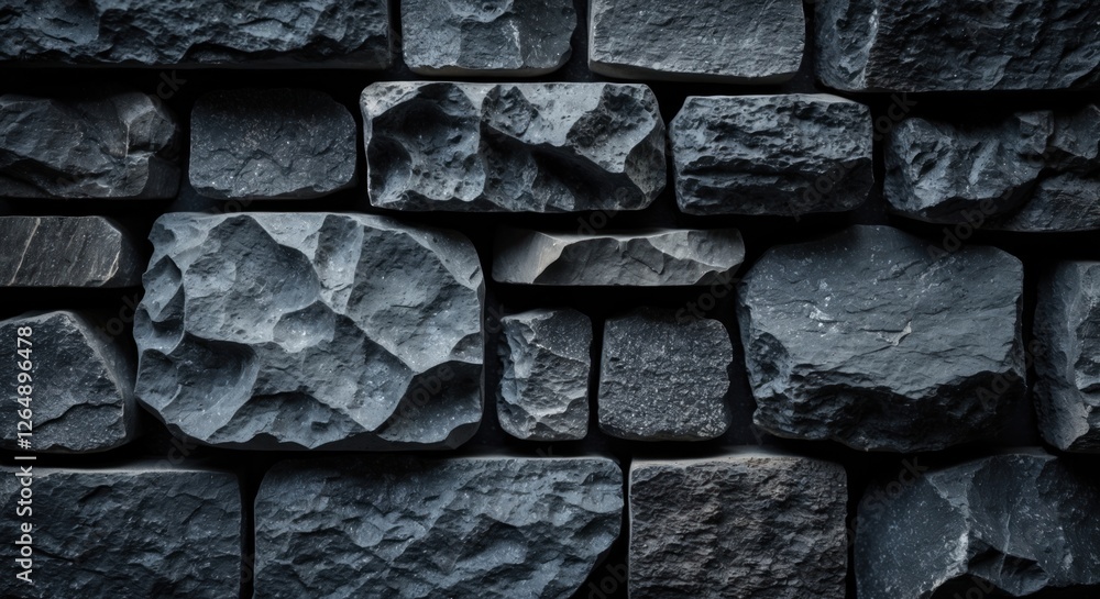 Poster Dark textured stone wall with uneven surface and various sizes of rocks arranged closely together, suitable for backgrounds and designs. Copy Space