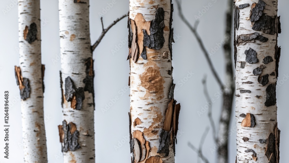 Poster Close-up of birch tree trunks highlighting bark texture and natural patterns against a neutral background with Copy Space