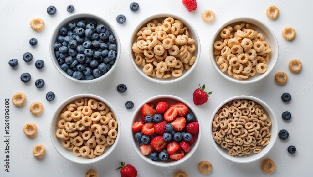Aufkleber various bowls of cereal with blueberries strawberries and honey rings arranged on a white background