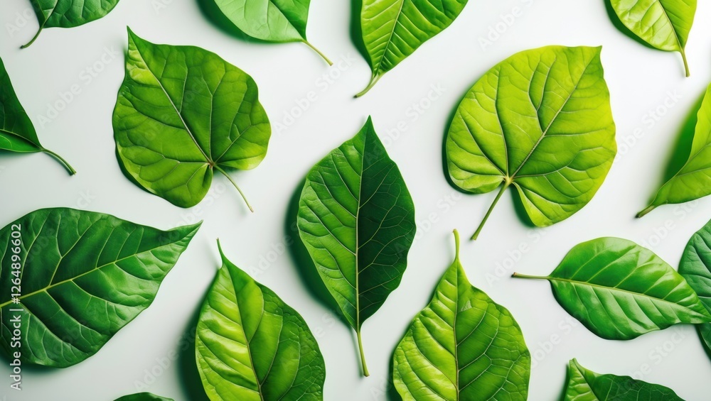 Poster various green leaves arranged on a light background with different shapes and sizes ideal for botani