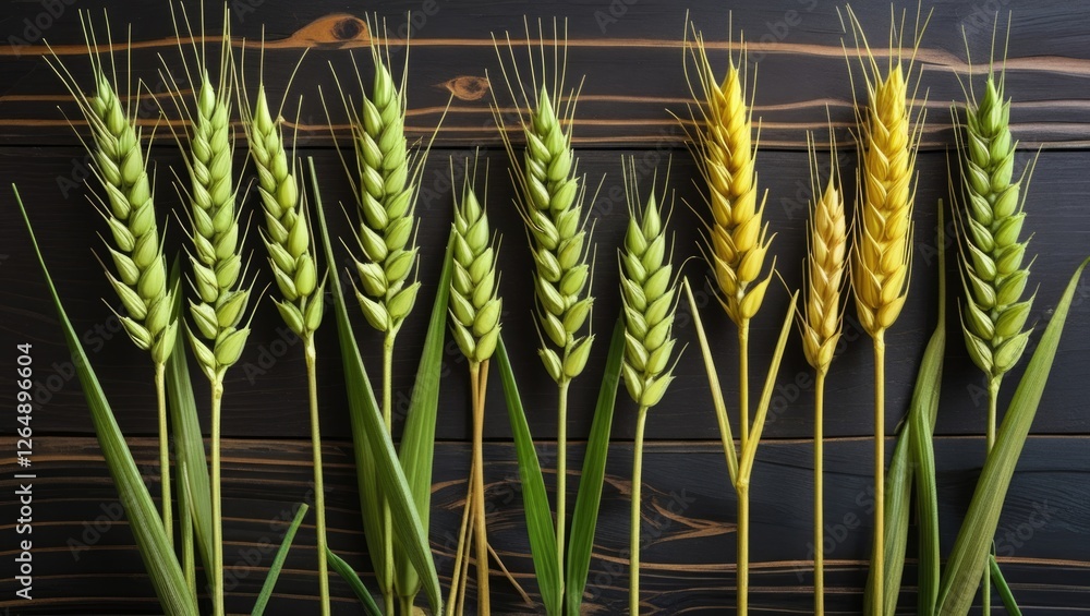 Poster different stages of wheat growth on dark wooden background with leaves and copy space