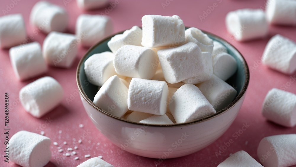 Poster bowl filled with marshmallows on a pink surface surrounded by scattered marshmallows. copy space ava