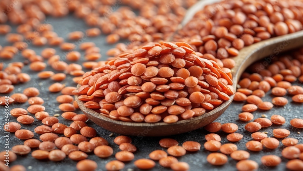 Poster Red lentils in a wooden spoon on a dark surface surrounded by scattered lentils with copy space for text.