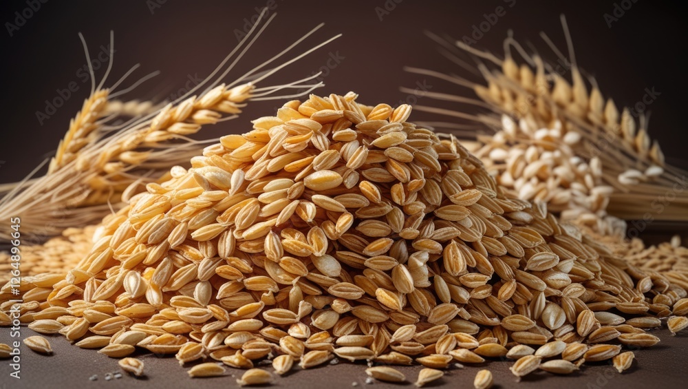 Aufkleber Heap of golden oats with stalks of wheat in the background on a brown surface with natural lighting and soft shadows Copy Space