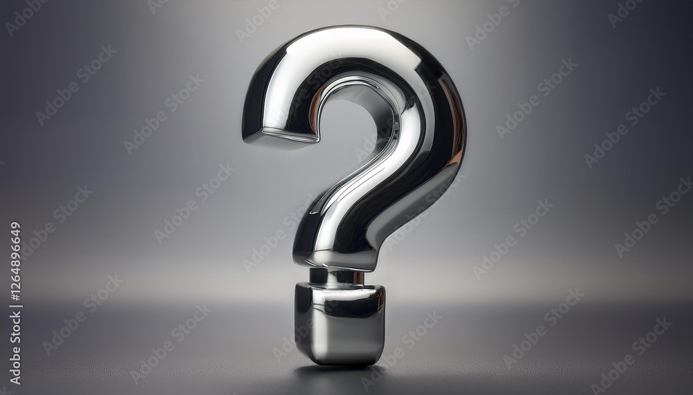 Poster shiny silver or chrome question mark on gray background. faq and qa. problem solution.