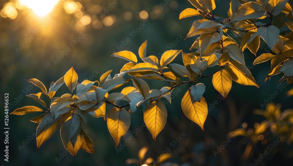 Poster Sunlight filtering through golden leaves on a branch with a blurred green background and warm bokeh lights Copy Space