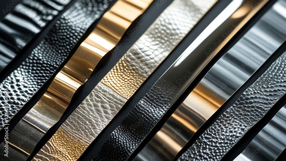 Poster various textured metal strips in gold, silver, and black tones arranged in a pattern on a dark backg