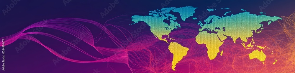 Poster abstract digital world map with flowing data streams representing global network and connectivity.