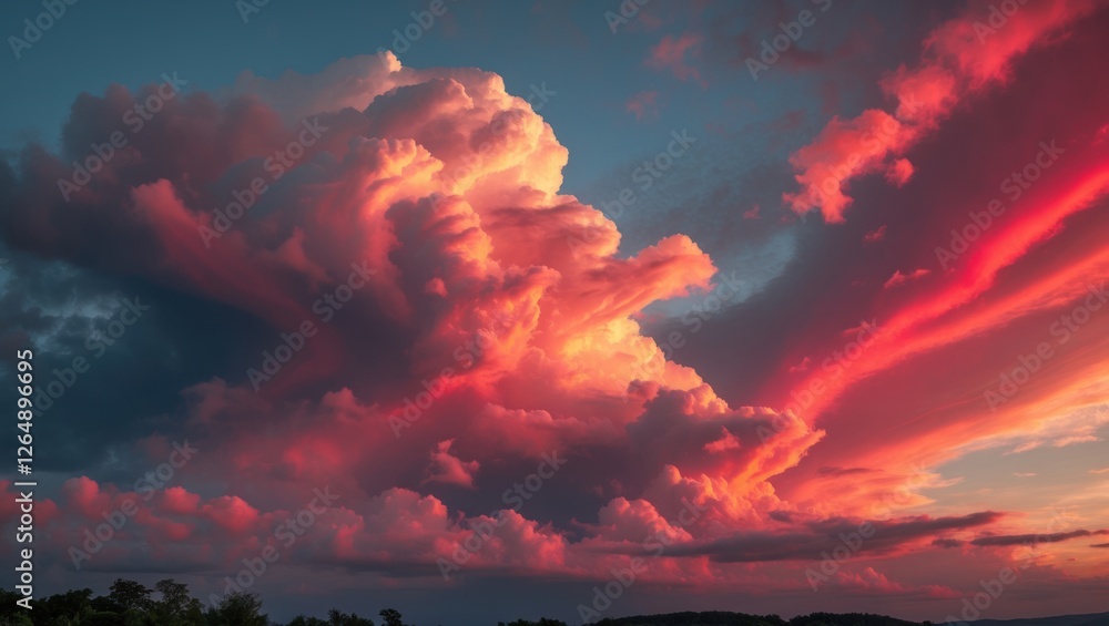 Poster dramatic sunset clouds displaying vibrant colors with intricate textures and patterns against a blue