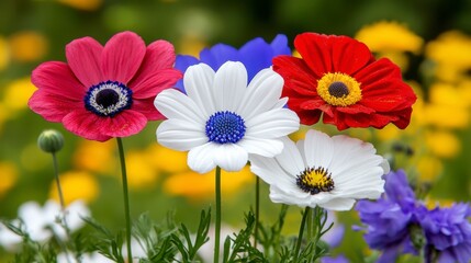 Colorful Anemone Flowers in A Vibrant Garden with Rich Red, White, Pink and Blue Hues