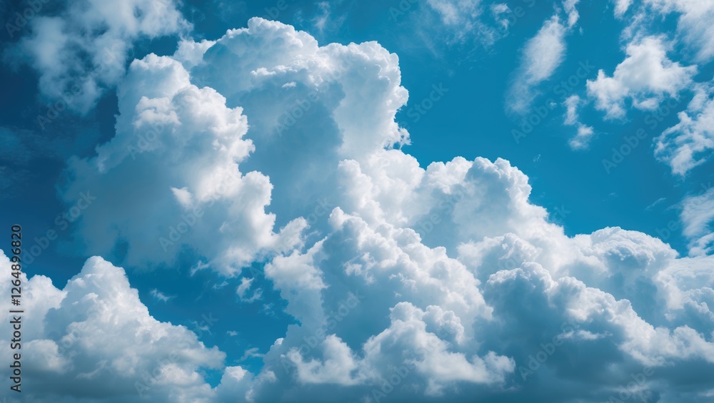 Aufkleber fluffy white clouds against a bright blue sky with sunlight creating soft shadows and highlights cop