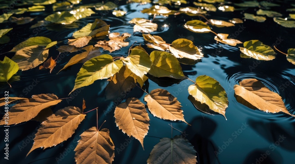 Poster autumn leaves floating on calm water surface with reflections and ripples in natural lighting copy s