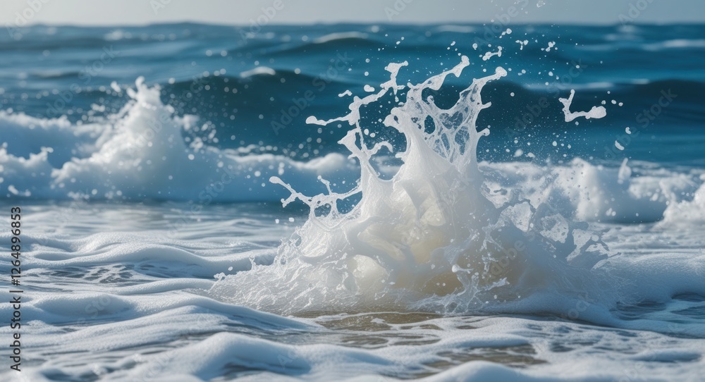 Poster ocean wave splashing onto shore creating foam and spray against a backdrop of rolling waves copy spa