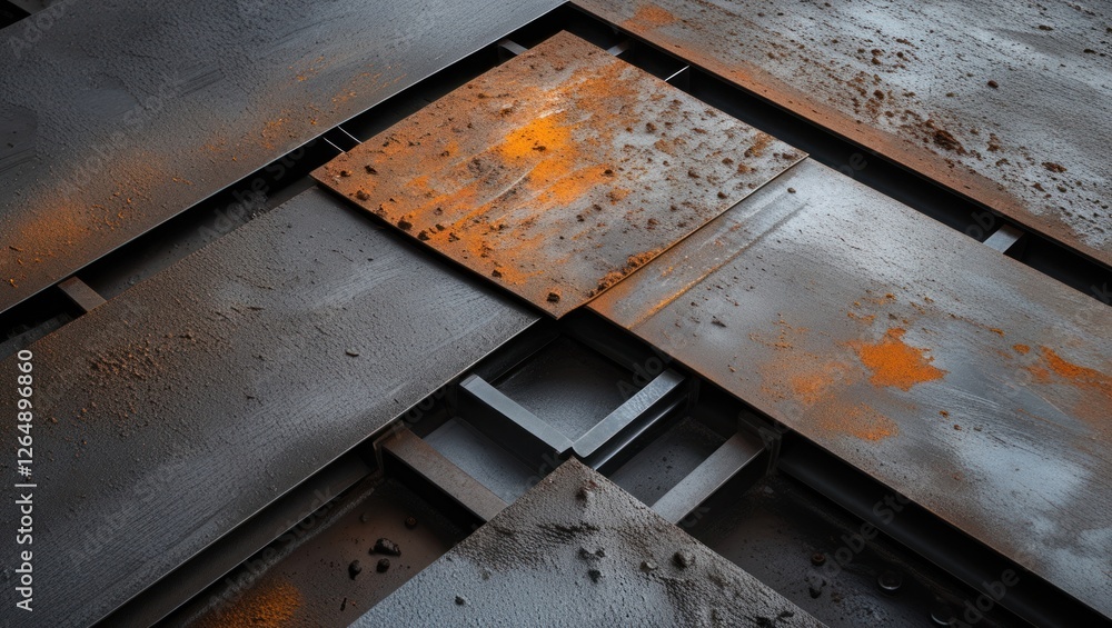 Poster textured industrial metal surfaces with rust and grime visible in overlapping sheets, suitable for b