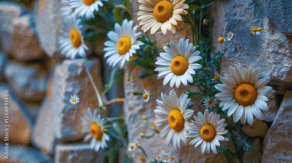 Poster daisies growing on a textured stone wall with a rustic background and vibrant colors copy space