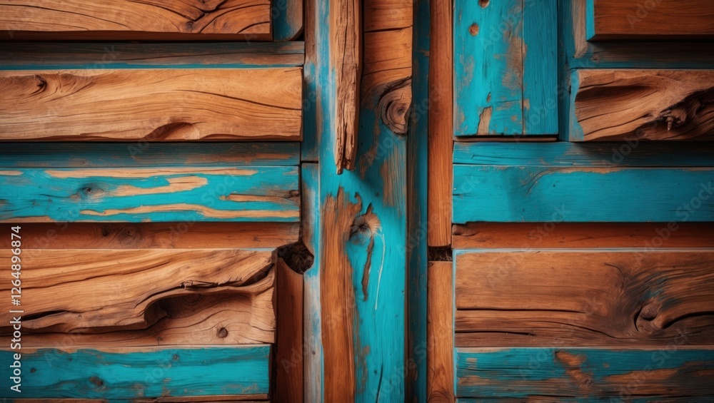 Poster rustic wooden wall with turquoise accents showcasing natural grain and texture, ideal for background